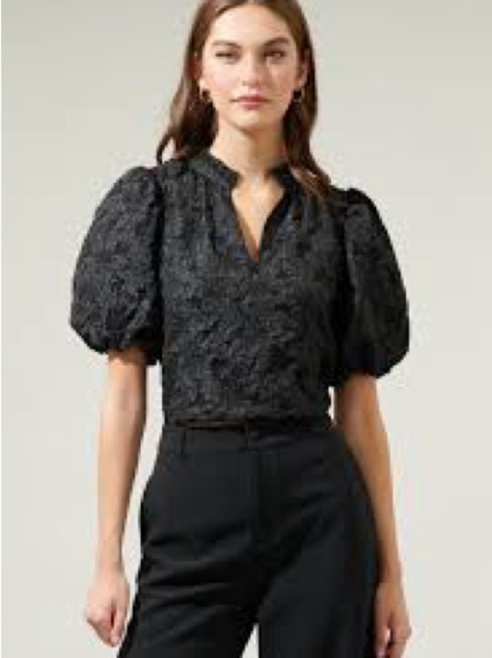 NWOT Sugarlips Arielle Black Puff-Sleeve Lace Jaquard Blouse